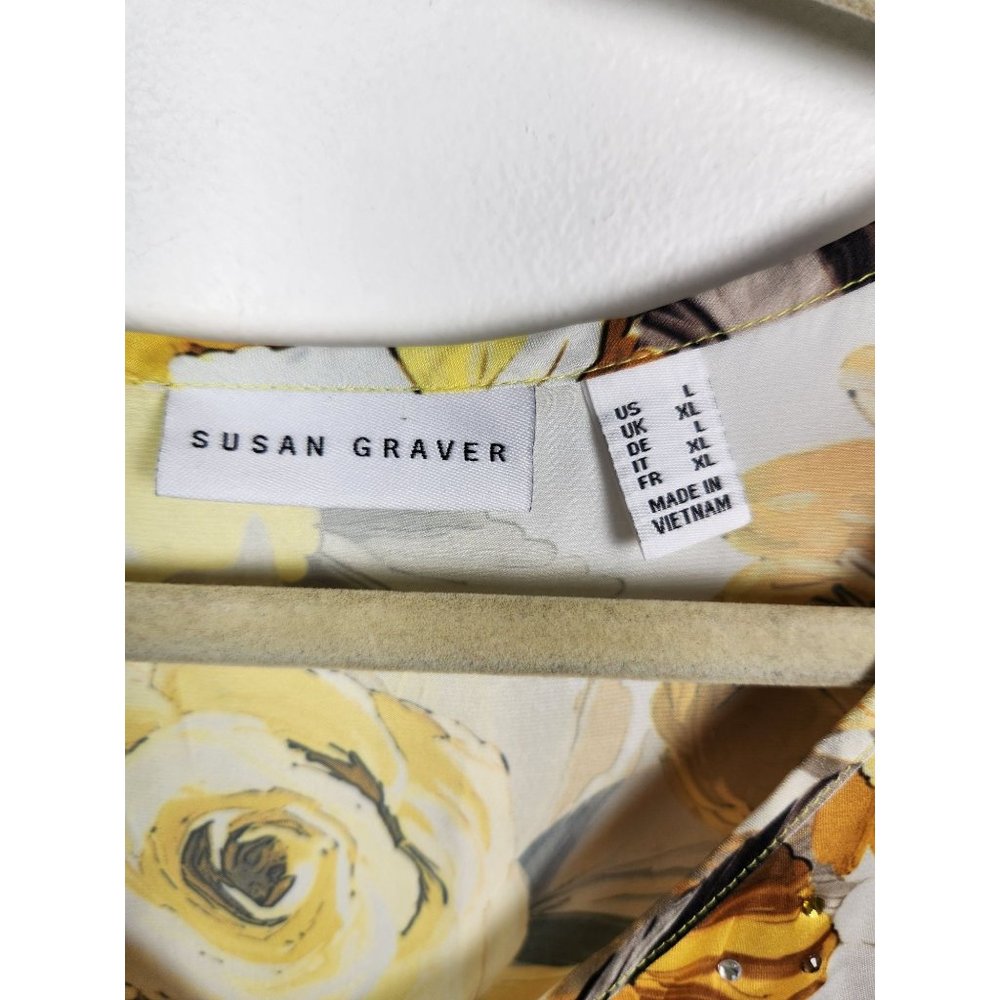 Susan Graver Women's Sz. L Yellow & Grey Floral Poncho V Neck Top - Picture 2 of 8